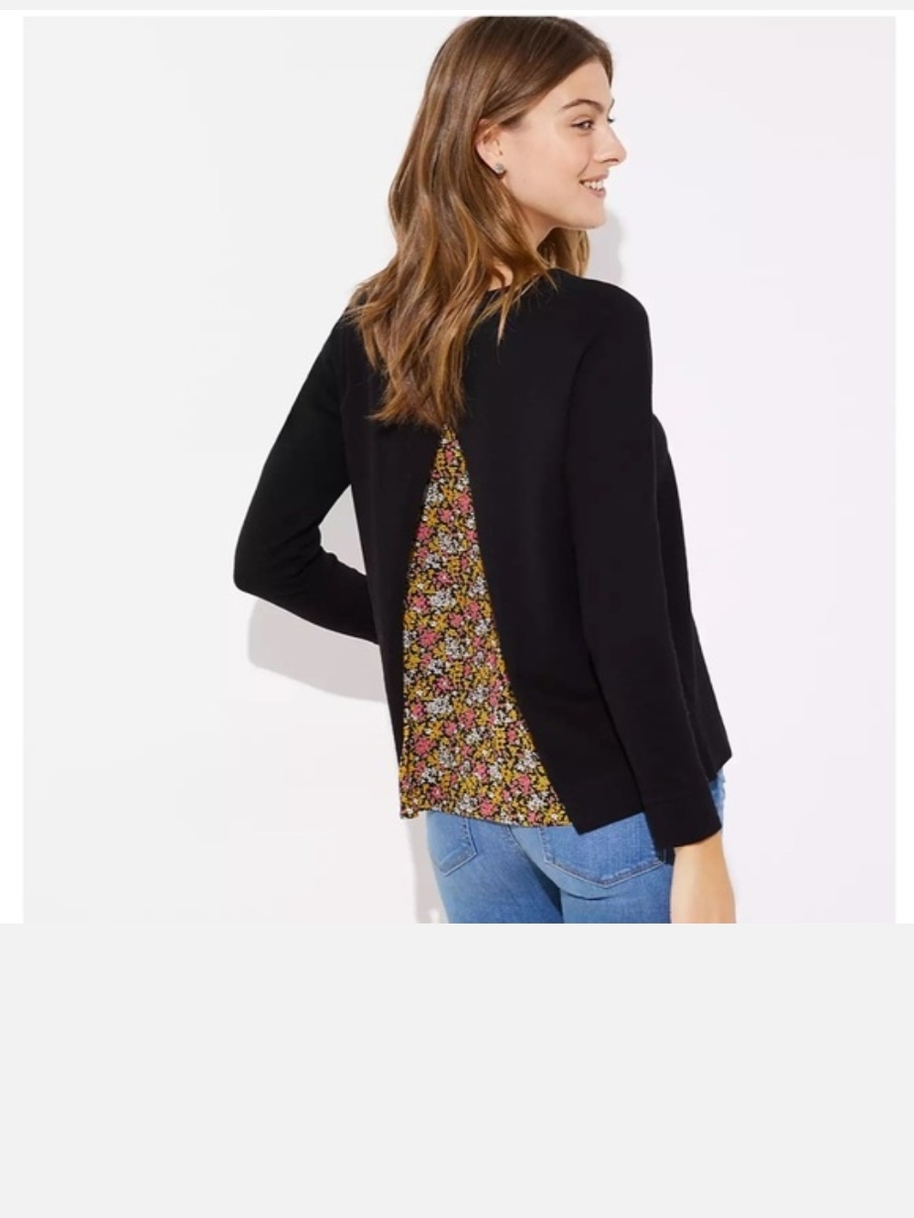 LOFT Black Pullover Sweater with Floral Back Inset